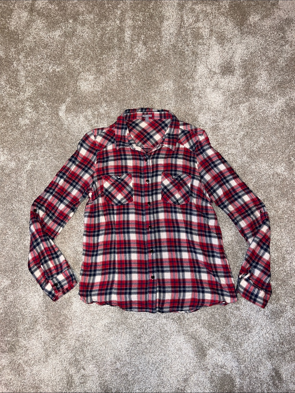 Women’s Red, White, and Blue Plaid Button-Up Flannel Top